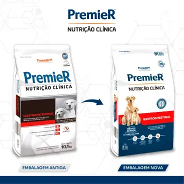 Nova embalagem Racao Premier Nutricao Clinica Gastrointestinal Caes Racas Medias e Grandes
